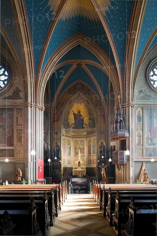 Built by Ernst Zwirner, view to the altar, in front stairs to the crypt, St., Sankt, Saint