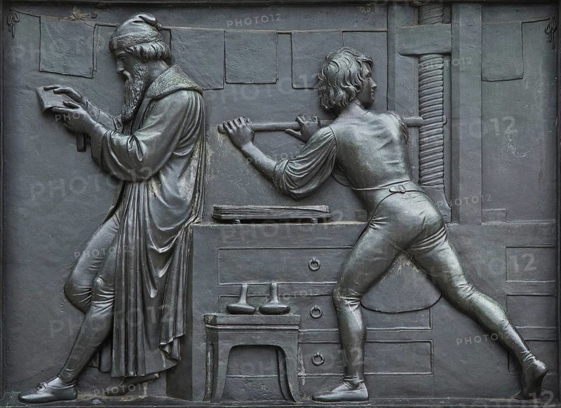 Sculptor Bertel Thorvaldsen inaugurated in 1837, bronze relief on the plinth: workshop scene Gutenberg with young assistant