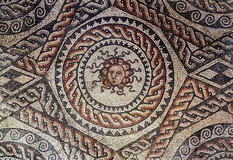 Bignor, Roman villa, floor mosaic, head of Medusa