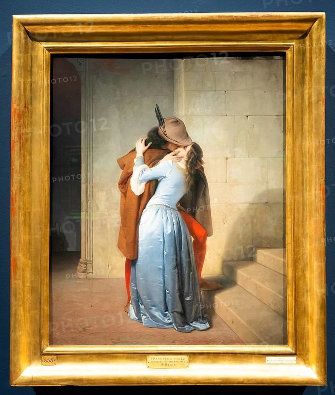 Milan, Italy, 23 September 2023: Brera antique painting museum. The Kiss, Il Bacio, by Francesco Hayez, 1859, Europe