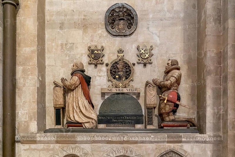 Canterbury, United Kingdom, 10 September, 2022: statue and artwork of praying men inside the Canterbury Cathedral, Europe