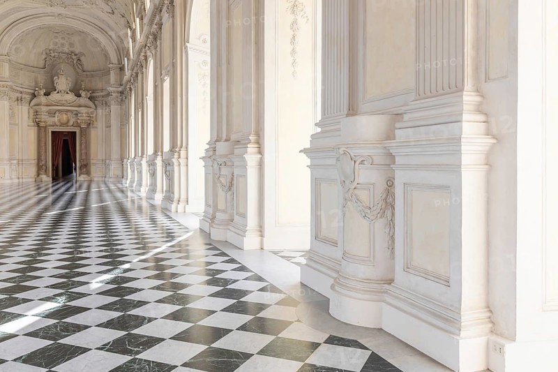 Reggia di Venaria Reale, Italy, October 2022: corridor perspective, luxury marble, gallery and windows, Royal palace, Europe