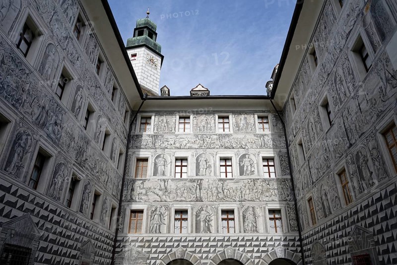Fresco painting, inner courtyard, Ambras Castle, Innsbruck, Tyrol, Austria, Europe