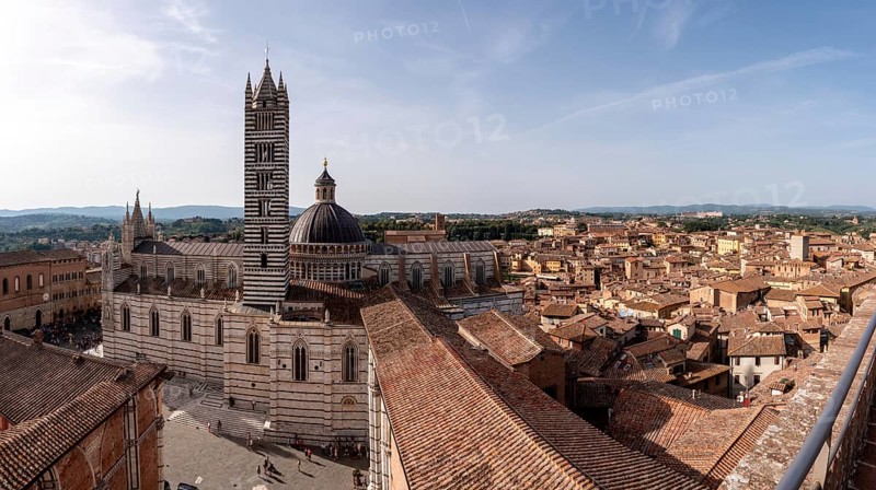 The Siena cathedral and its cupola, seen from the Facciatone panoramic viewpoint, Italy, Europe