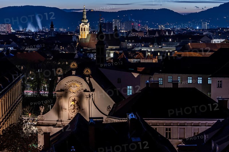 Illuminated church tower, blue hour, old town centre of Graz, Styria, Austria, Europe