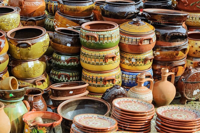 A Lot of Old Earthenware Crockery on the Pottery Market Burgas, Bulgaria, Europe