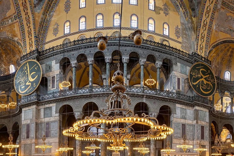 A picture of the colorful and gorgeous interior of the Hagia Sophia, in Istanbul