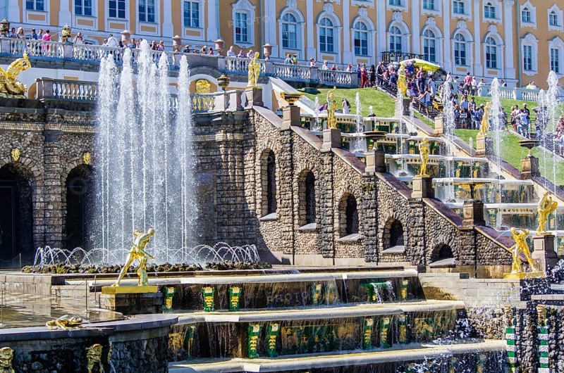 View on Great Cascade Fountain in Peterhof, Saint-Petersburg, Russia, Europe