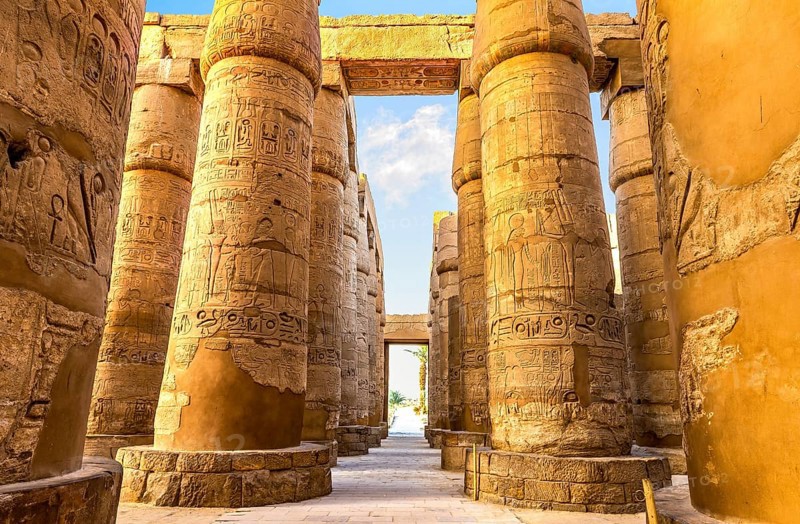 Central colonnade of Karnak temple in Luxor at sunrise, Egypt, Africa