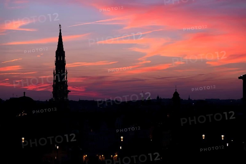 Cathedral and statue of king Albert I at sunset, Brussel, Belgium, Europe
