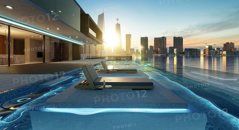 Luxury villa exterior design with beautiful sunset cityscape at the infinity pool. 3d rendering