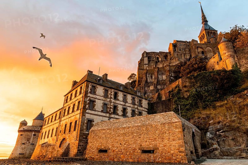 Seagulls flying over dramatic sunset in Mont Saint-Michel
