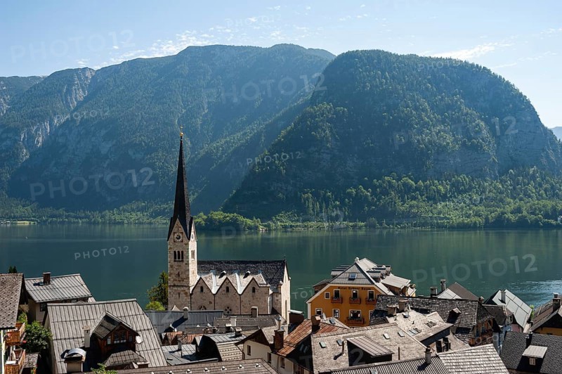 18 Jun 2019, Hallstatt, Salzkammergut, Upper Austria, Austria, Europe, View of Hallstatt with Lake Hallstatt and mountains in the background. The small town is a favourite travel destination for the Chinese and exists as a replica in the province of Guangdong in China, Europe