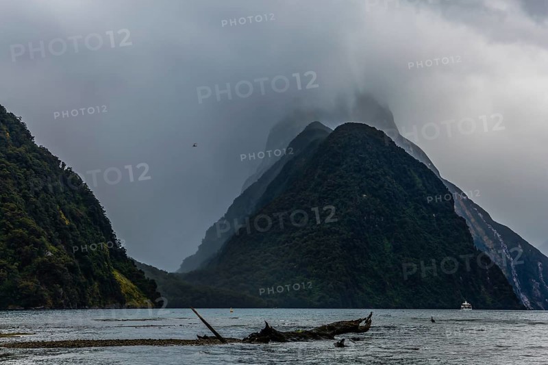 The most picturesque country on earth is New Zealand. South Island of New Zealand. Fjord Milford Sound on a stormy cloudy day. Concept of active and ecological tourism