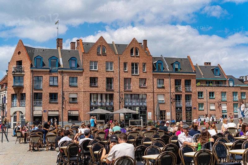 People enjoying drinks at the square in front of Lille Cathedral at Lille, France, Europe