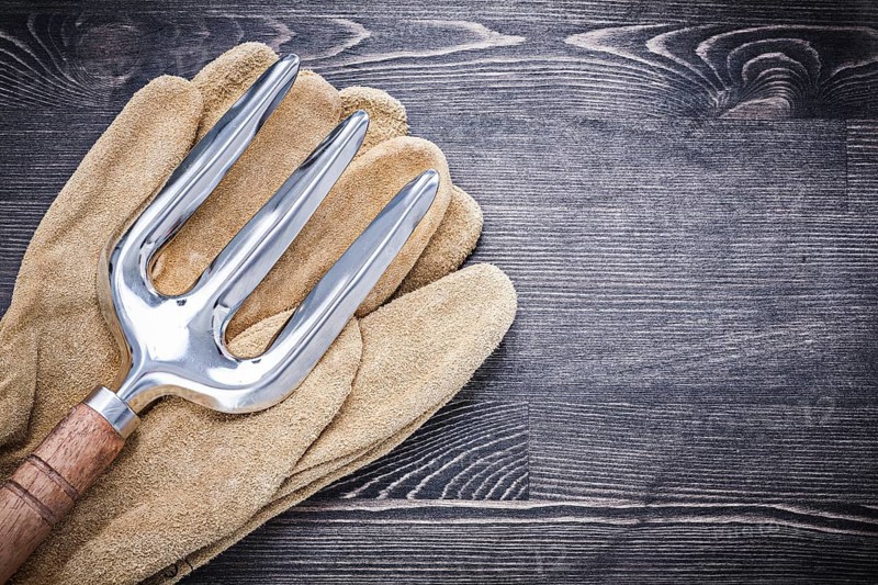 Stainless trowel fork leather safety gloves agriculture concept