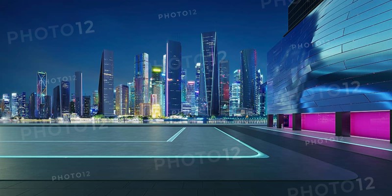 Perspective view of empty floor with modern building and beautiful nigh city background. 3d rendering