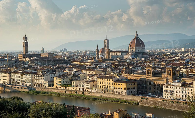 Panoramic Skyline of the historical city of Florence in Italy from Michelangelo piazza just before the sunset