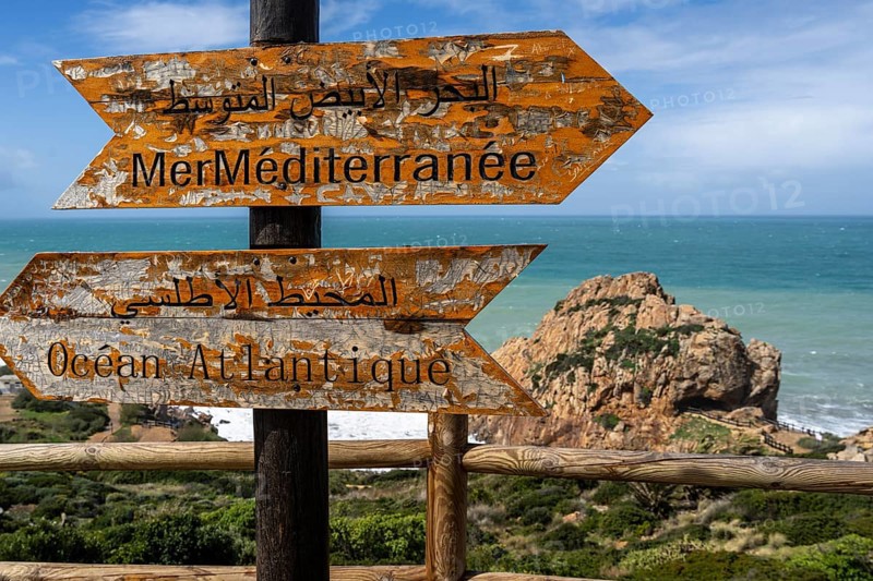 Sign indicating the direction of the Mediterranean Sea and the Atlantic Ocean, Caves of Hercules, Cape Spartel, Tangier, Morocco, North Africa, Africa