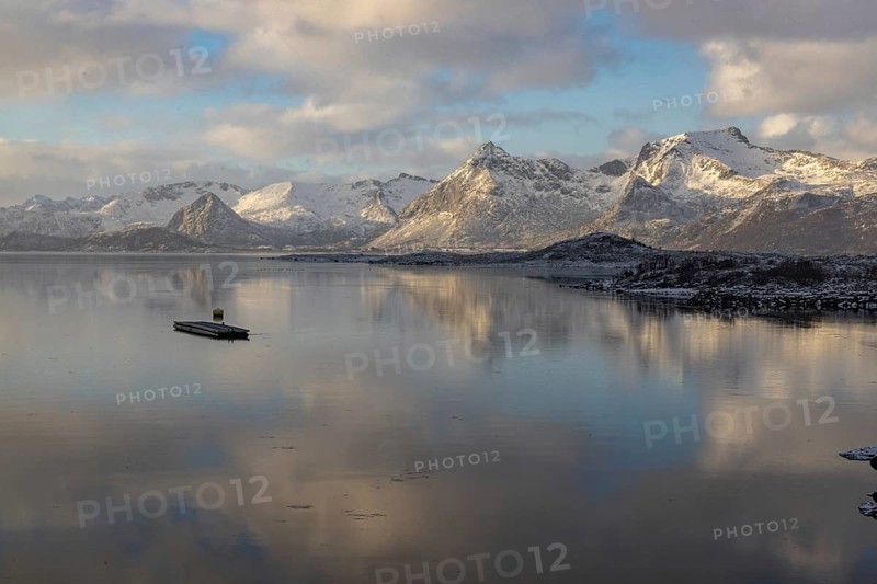 Lofoten wall reflection at the E10 near Kleppstad, Lofoten, Nordland, Norway, Europe