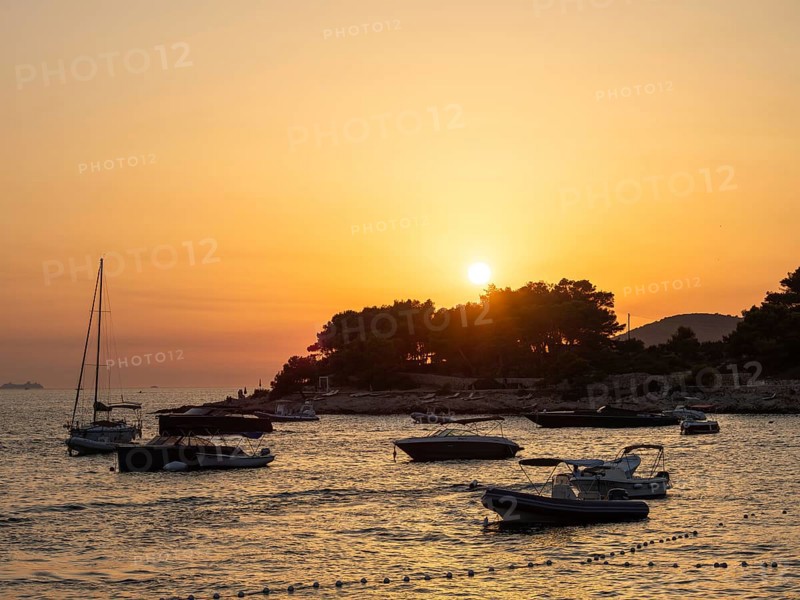 Sunset, boats in the harbour, town of Hvar, island of Hvar, Dalmatia, Croatia, Europe