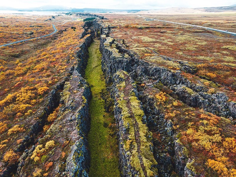 Aerial view of Thingvellir National Park, famous area in Iceland right on the spot where the Atlantic tectonic plates meets. UNESCO World Heritage Site, western Iceland, and site of the Althing.