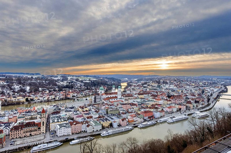 View of Passau in Bavaria at sunset on a winter evening
