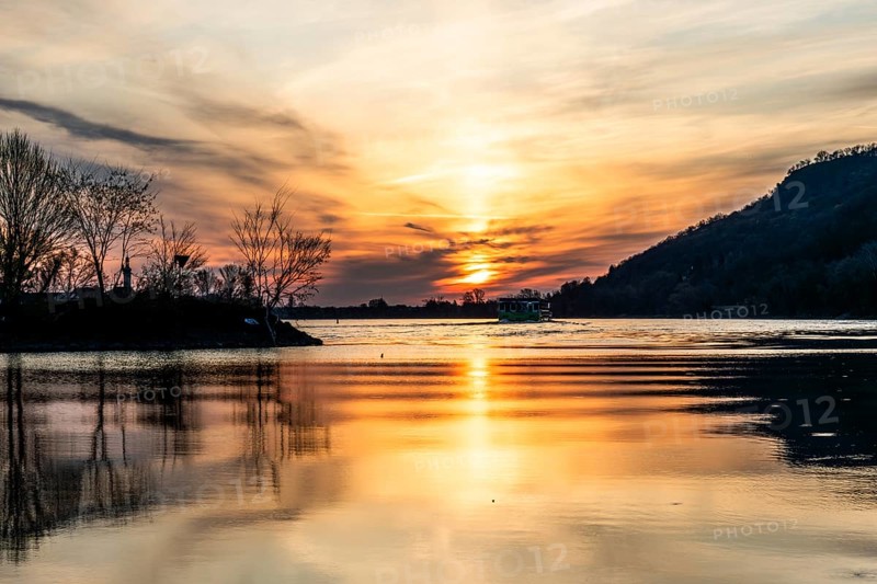 Morning atmosphere on the river, cruise ship on the Danube, near Rossatz, golden hour at sunrise, Wachau, Lower Austria, Austria, Europe