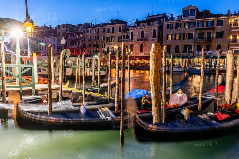 Gondola dock on the Grand Canal, blue hour, Venice, Italy, Europe