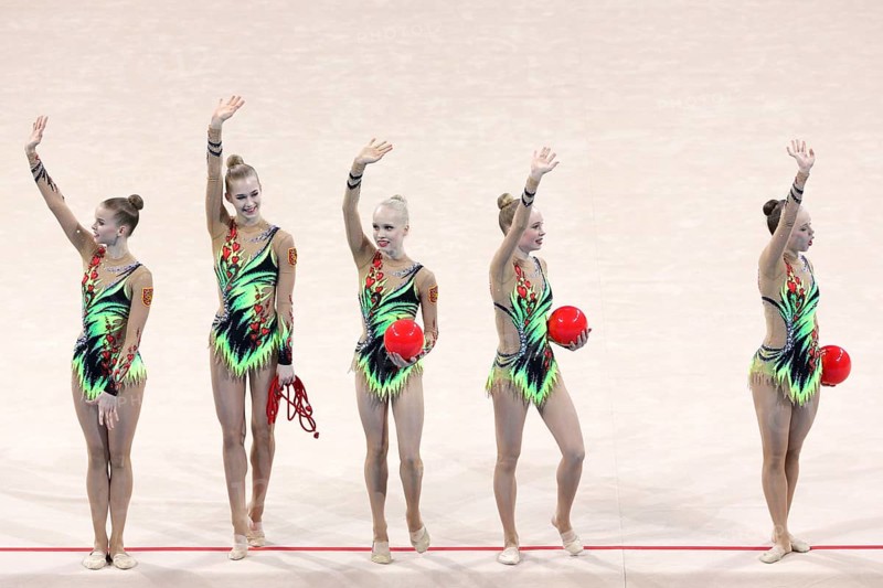 Sofia, Bulgaria - 6 May, 2017: Team Finland performs during Rhythmic Gymnastics World Cup Sofia 2017. Group tournament