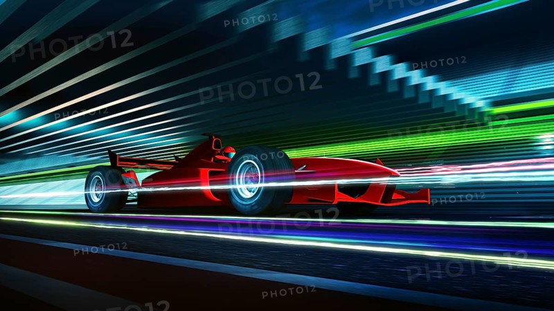 Side view fast moving motion blur red race car and driver with light trail effect, 3d rendering