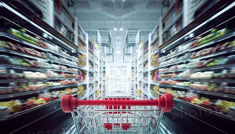 Red shopping cart with motion speed blurred supermarket aisle background