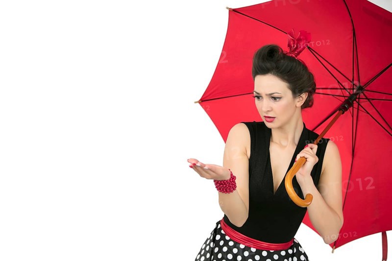 Retro girl with red umbrella look weather