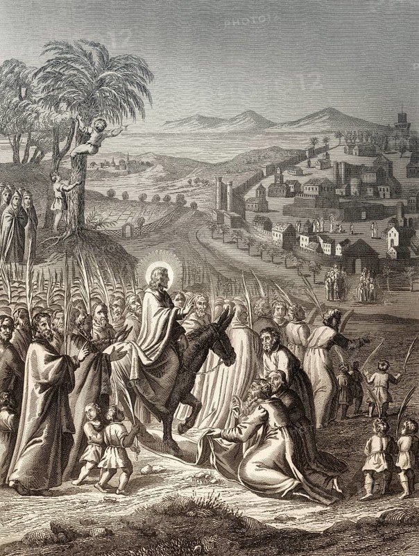 Jesus's triumphal entry into Jerusalem on Palm Sunday, New Testament, steel engraving 1853, digitally restored