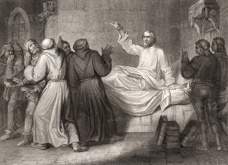 John Wycliffe, Doctor evangelicus, 1330, 1384, an English church reformer on his sick bed, criticism against the friars at Oxford in 1378