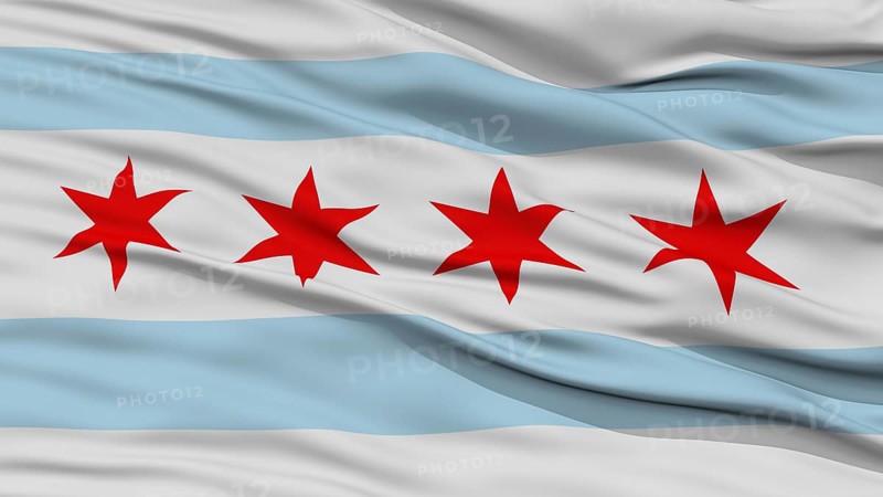 Closeup of Chicago City Flag, Waving in the Wind, Illinois State, United States of America