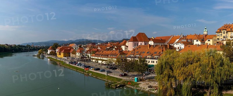 Maribor, Slovenia, 10 October, 2022: panorama view of the River Drava and the historic city center of Maribor, Europe