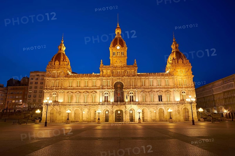 La Coruna City town hall sunset in Maria Pita Square of Galicia Spain