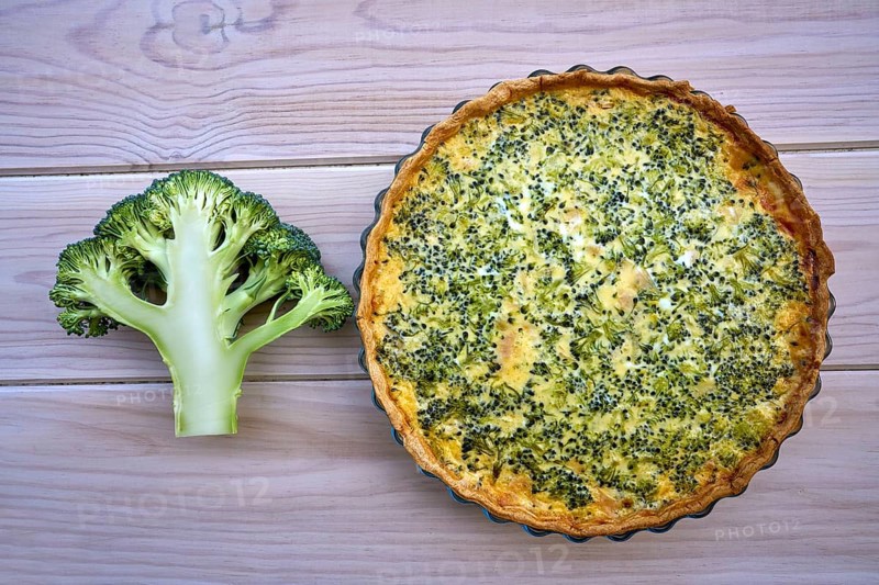 Broccoli quiche french recipe homemade on white wood board