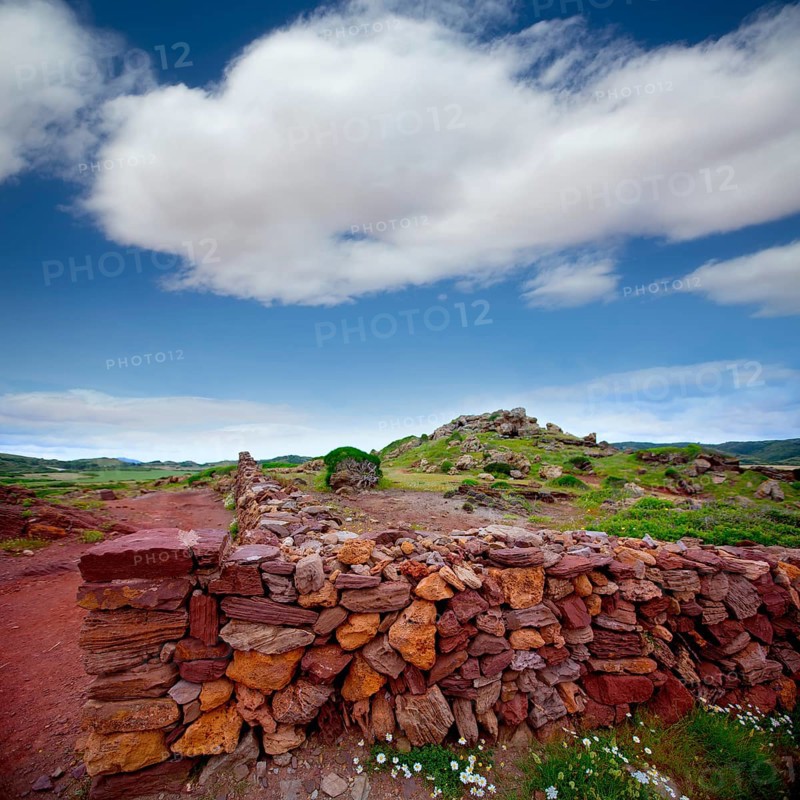 Masonry stonewall in spring with flowers at Menorca Balearic islands
