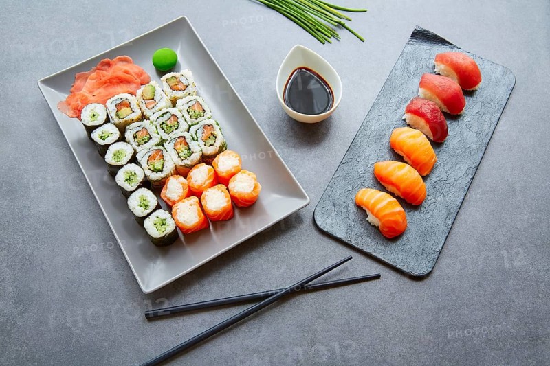 Sushi Maki and Niguiri California roll soy sauce and wasabi