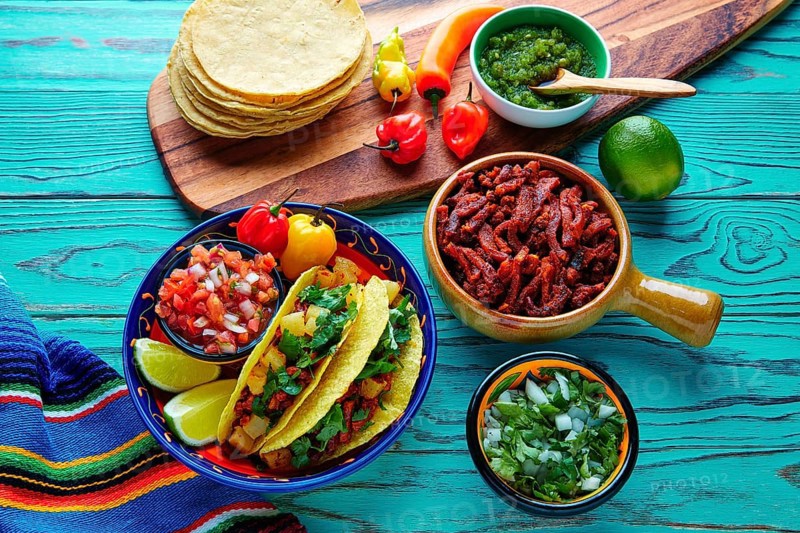 Tacos al pastor Mexican with coriander pineapple and chili