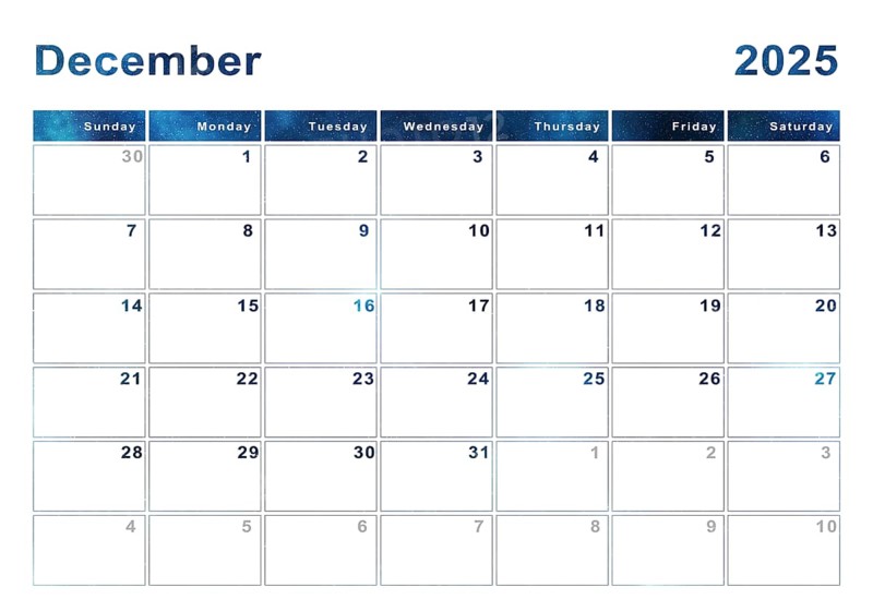 December 2025 calendar, week start Sunday, modern design