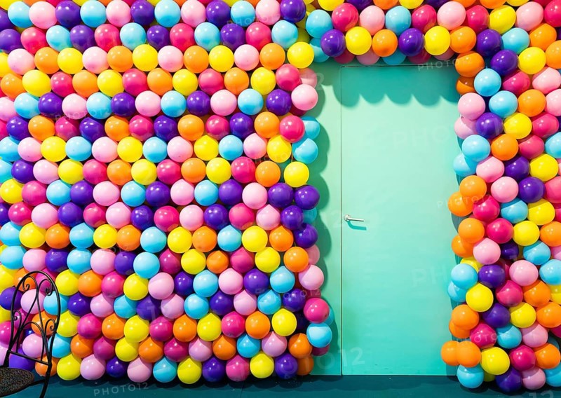 Door room with colorful balloons, concept of celebration, party, happy birthday