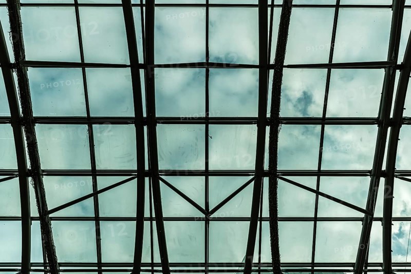 Portugal, 12 28 2018: Abstract patterns and lines of the glass and steel roof at the Vasco Da Gama shopping mall, Europe