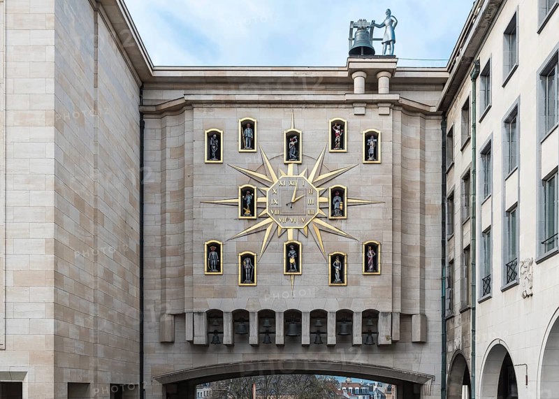 Brussels, Belgium, 12 18 2018: Statue and huge clock of the Mont des Arts, Europe