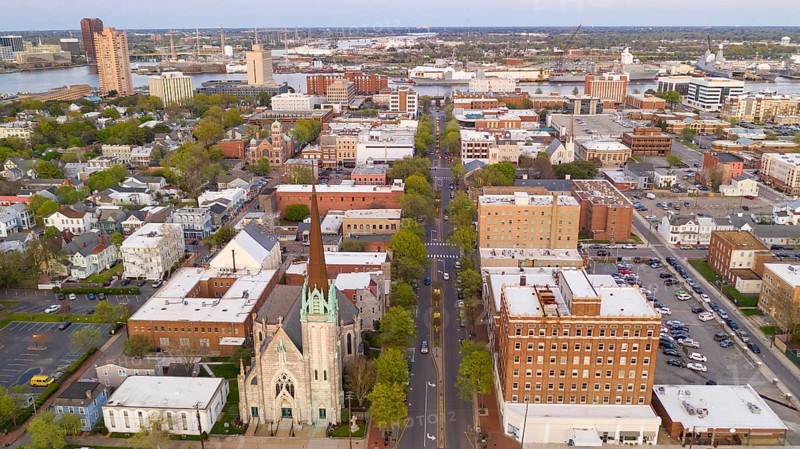 The Elizabeth River cuts through the Virginia towns of Portsmouth and Norfolk