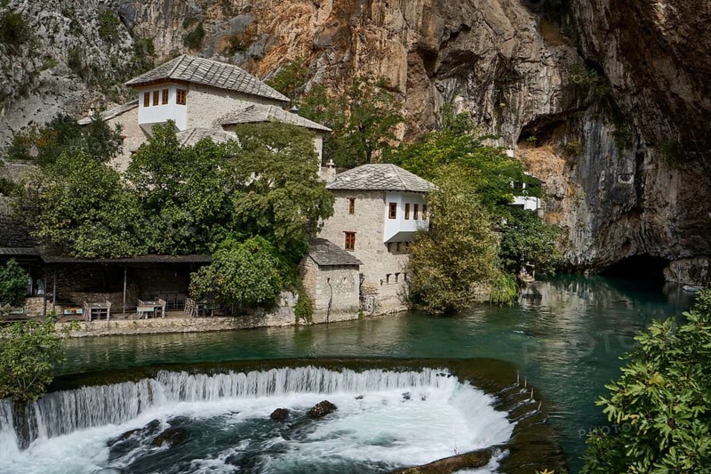 Dervish monastery, Tekke, Tekija, Sufi centre, on the right the Buna spring, Karst spring, Vrelo Bune, near the village of Blagaj, Bosnia and Herzegovina, Europe