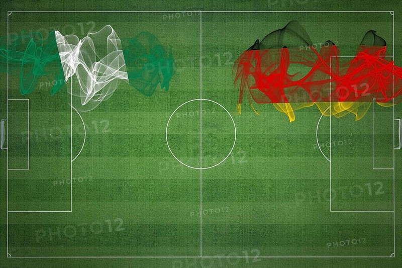 Nigeria vs Germany Soccer Match, national colors, national flags, soccer field, football game, Competition concept, Copy space
