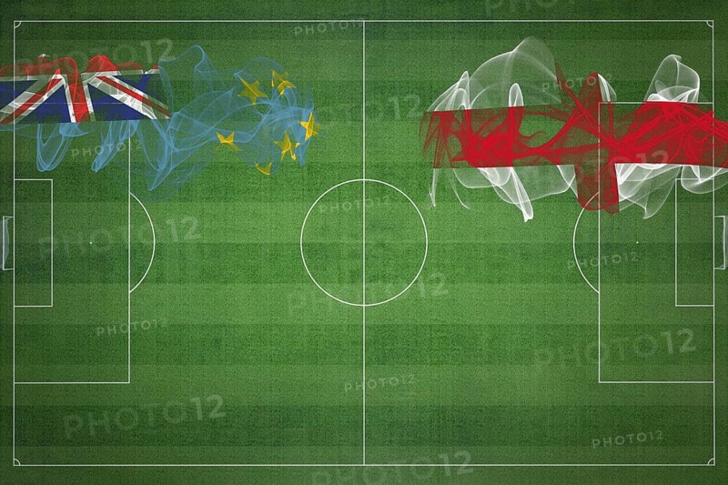 Tuvalu vs England Soccer Match, national colors, national flags, soccer field, football game, Competition concept, Copy space
